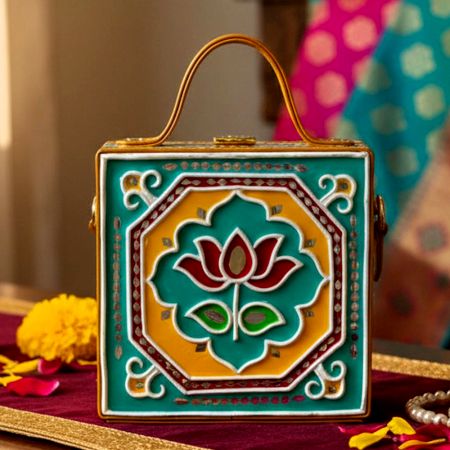 Yellow Lotus Lippan Art Handcrafted Square Sling Bag